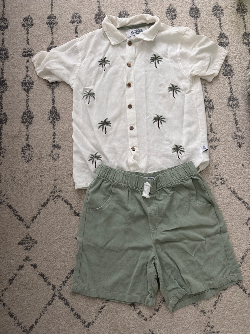 Original Penguin Cream Palm-Print Button Shirt with Green Shorts